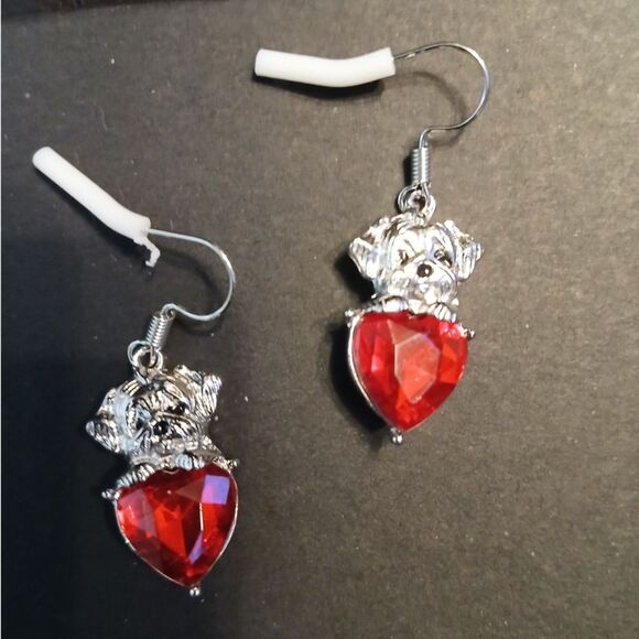 Puppy Dog on Red Rhinestone Heart Earrings Love Valentines Dogs - Picture 2 of 5
